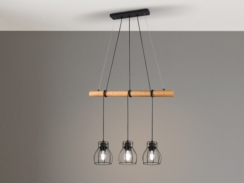 Industrial Pendelleuchte IONA 3-flammig Metall Schwarz mit Holzbalken, B: 75cm