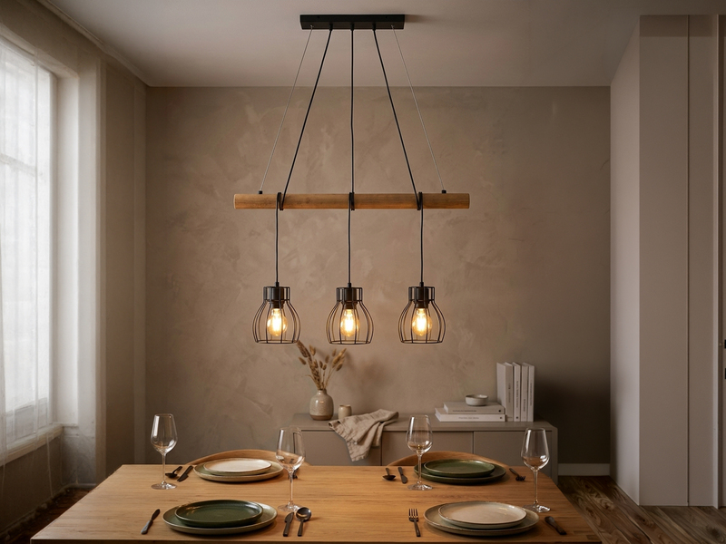 Industrial Pendelleuchte IONA 3-flammig Metall Schwarz mit Holzbalken, B: 75cm