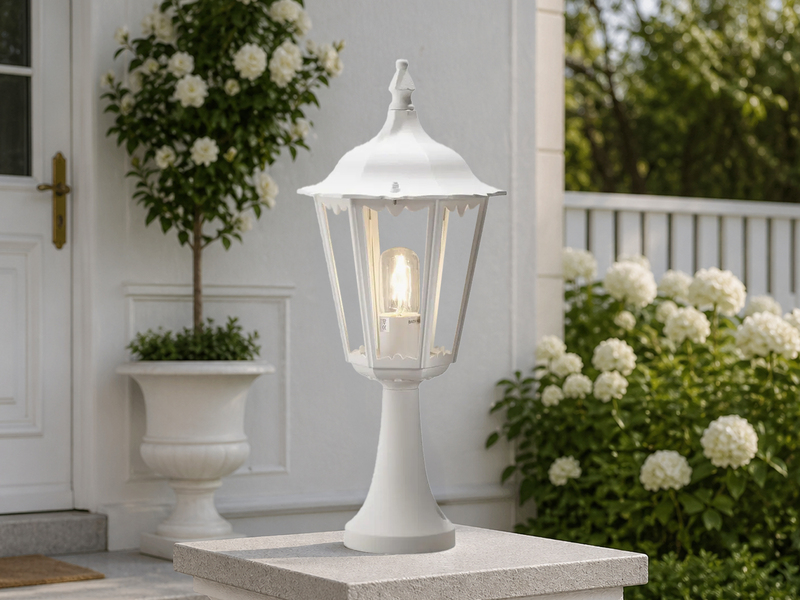 LED Sockelleuchte aus Aluminium Weiß, antike E27 Gartenlaterne, Höhe 55cm