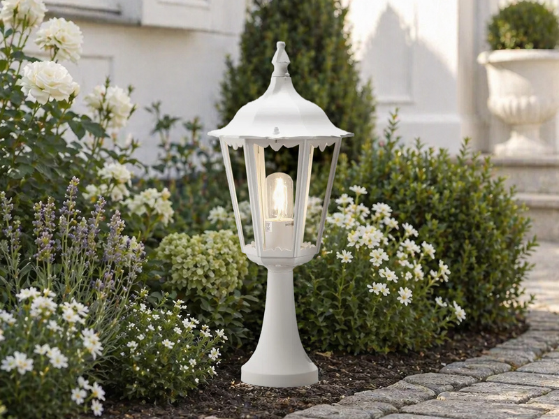 LED Sockelleuchte aus Aluminium Weiß, antike E27 Gartenlaterne, Höhe 55cm