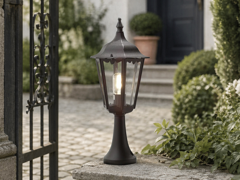LED Sockelleuchte aus Aluminium Schwarz, antike E27 Gartenlaterne, Höhe 55cm