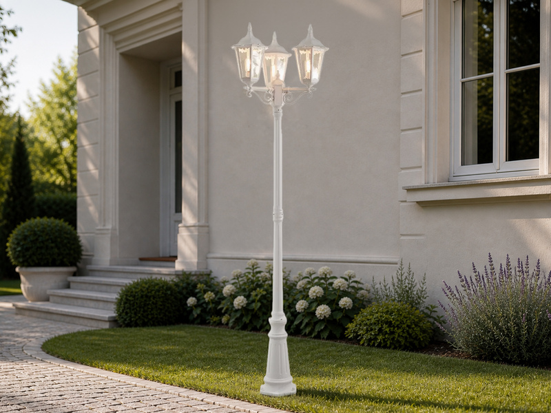 LED Straßenlaterne Aluminium Weiß, E27 Gartenlaterne 3-flammig, Höhe 220cm