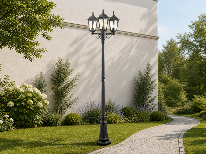 LED Straßenlaterne Aluminium Schwarz, E27 Gartenlaterne 3-flammig, Höhe 220cm