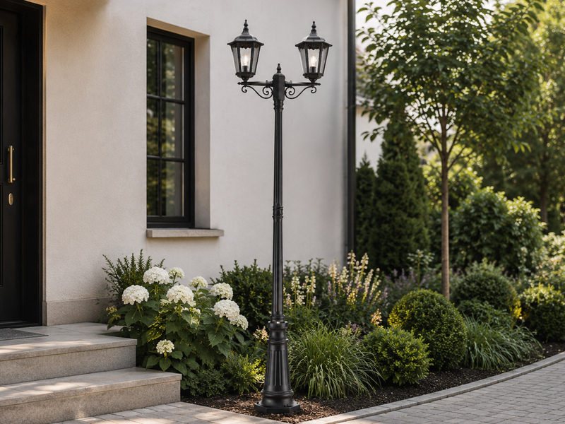 LED Straßenlaterne Aluminium Schwarz, E27 Gartenlaterne 2-flammig, Höhe 220cm