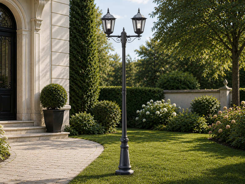 LED Straßenlaterne Aluminium Schwarz, E27 Gartenlaterne 2-flammig, Höhe 220cm