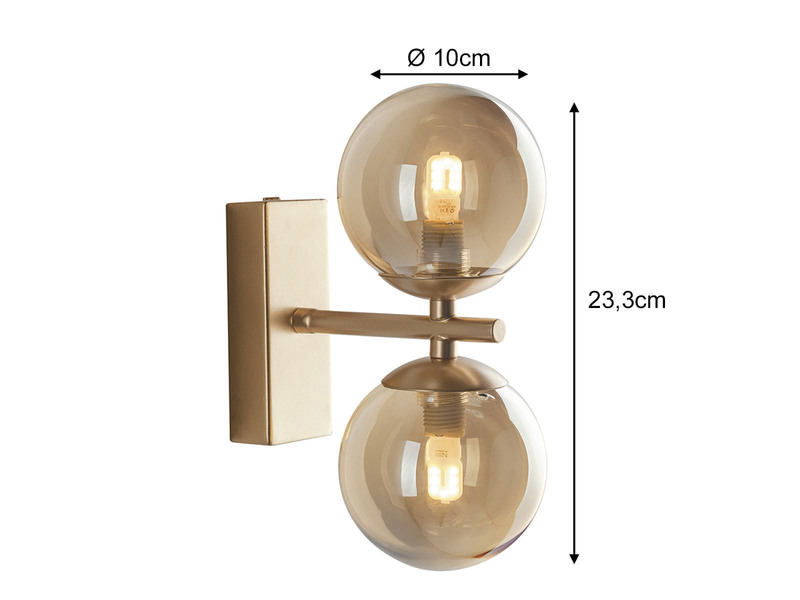 Wandleuchte Gold Messing & Glaskugeln, mit Schalter & LED dimmbar, Höhe 23cm