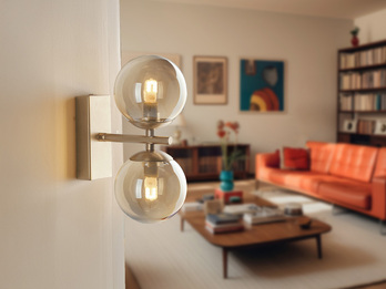 Wandleuchte Gold Messing & Glaskugeln, mit Schalter & LED dimmbar, Höhe 23cm