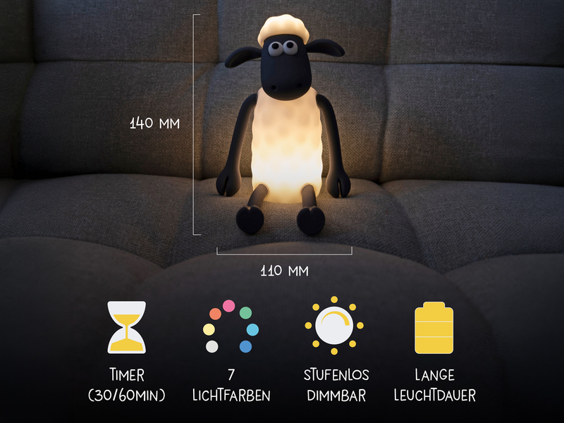 Nachtlicht SHAUN DAS SCHAF per USB aufladbar, dimmbar, 7 Lichtfarben, Höhe 14cm