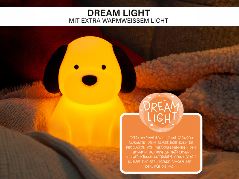 Nachtlicht BENNY BEAGLE per USB aufladbar, dimmbar, 7 Lichtfarben, Höhe 13cm