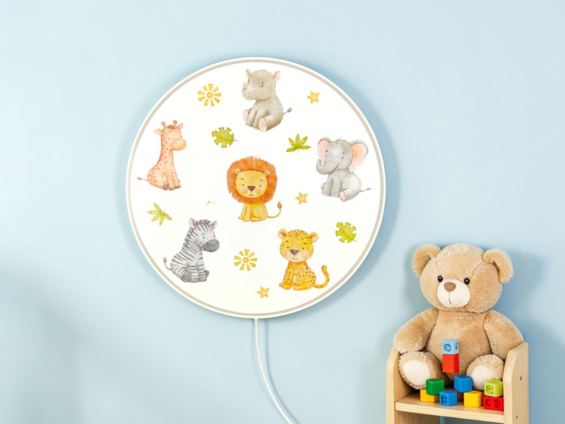 LED Kinderzimmer Wandleuchte dimmbar mit Stecker und Schalter Safarimotiv Ø 25cm