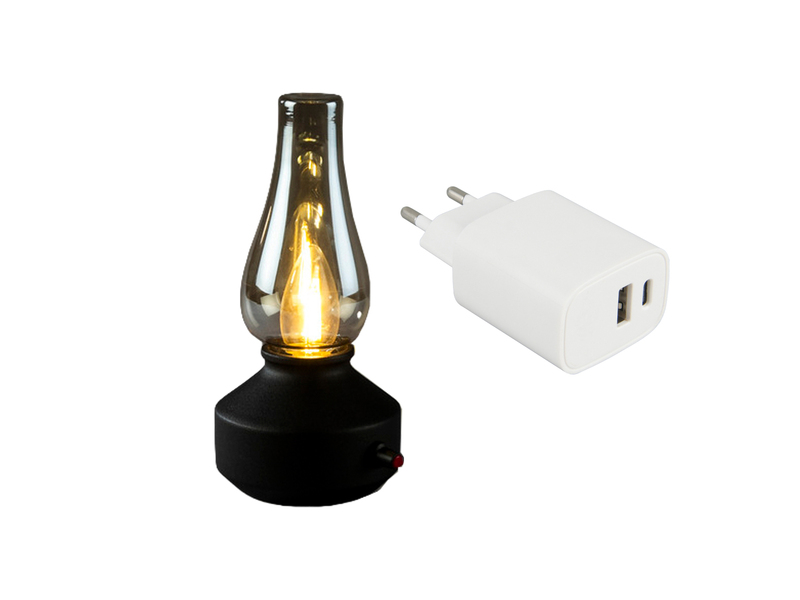 LED Akku Tischleuchte für Innen & Außen, Schwarz mit Rauchglas, Höhe 24,5cm