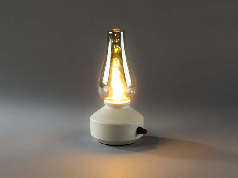 LED Akku Tischleuchte für Innen & Außen, Weiß mit Rauchglas, Höhe 24,5cm