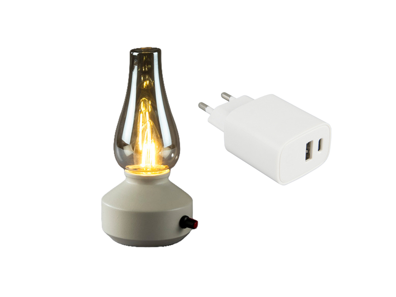 LED Akku Tischleuchte für Innen & Außen, Weiß mit Rauchglas, Höhe 24,5cm