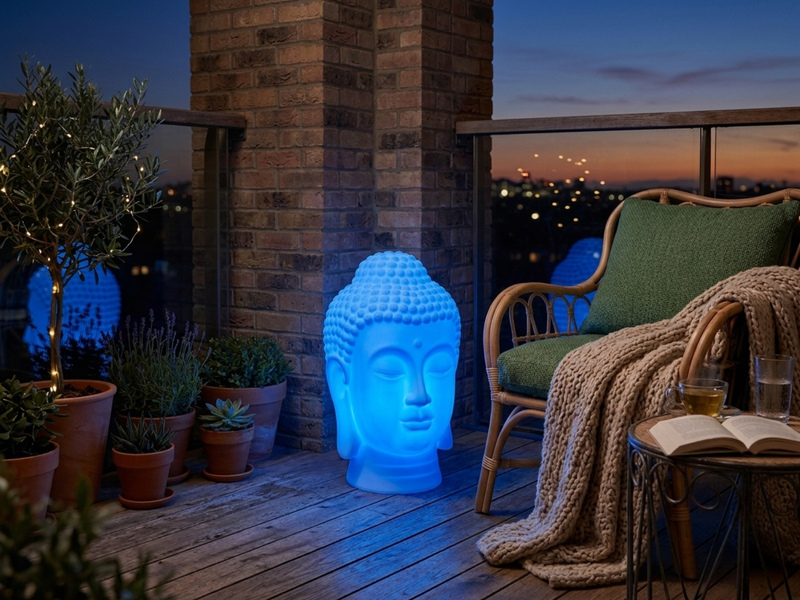 Deko LED RGBW Solarleuchte Buddha Kopf mit Fernbedienung, Höhe 50cm