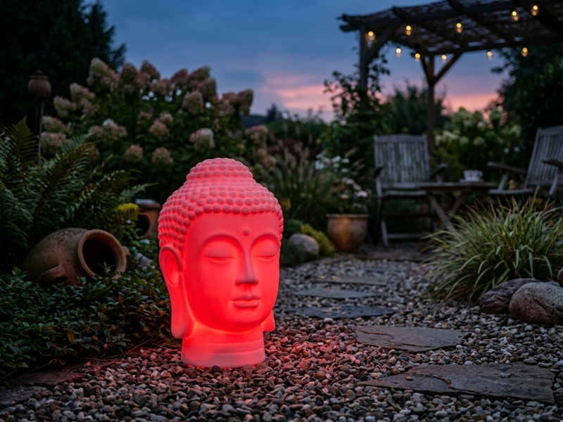 Deko LED RGBW Solarleuchte Buddha Kopf mit Fernbedienung, Höhe 50cm
