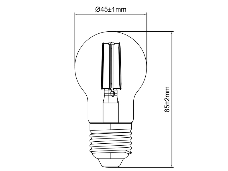 E27 Filament LED - 2,5 Watt, 470 Lumen, 2700K warmweiß, Ø 4,5cm, 3 Stufen Dimmer