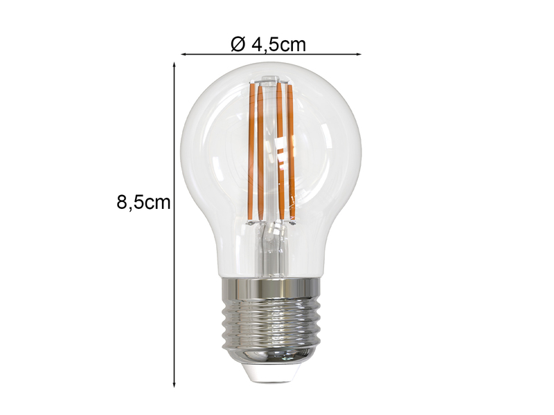 E27 Filament LED - 2,5 Watt, 470 Lumen, 2700K warmweiß, Ø 4,5cm, 3 Stufen Dimmer