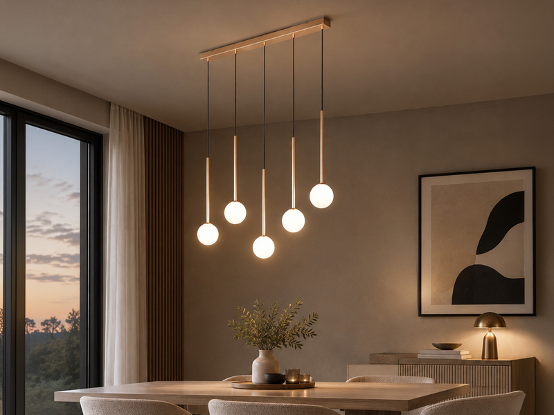 Pendelleuchte FIRANO Gold 5-flammig mit Glaskugeln, Breite 107cm
