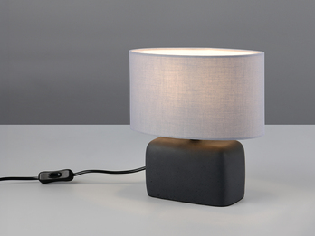 Kleine Tischlampe LIVARE mit E14 Stoffschirm Grau & Betonfuß Schwarz, Höhe 24cm