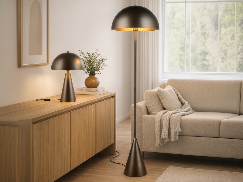 Große Tischleuchte ALFIE in Pilzform aus Metall Platinum, Höhe 43cm