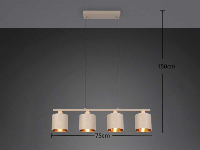 Pendelleuchte TOMMY 4-flammig E14 Stoffschirme Beige Gold, Breite 75cm