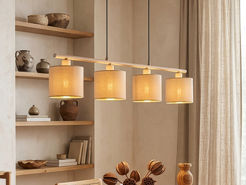 Pendelleuchte TOMMY 4-flammig E14 Stoffschirme Beige Gold, Breite 75cm