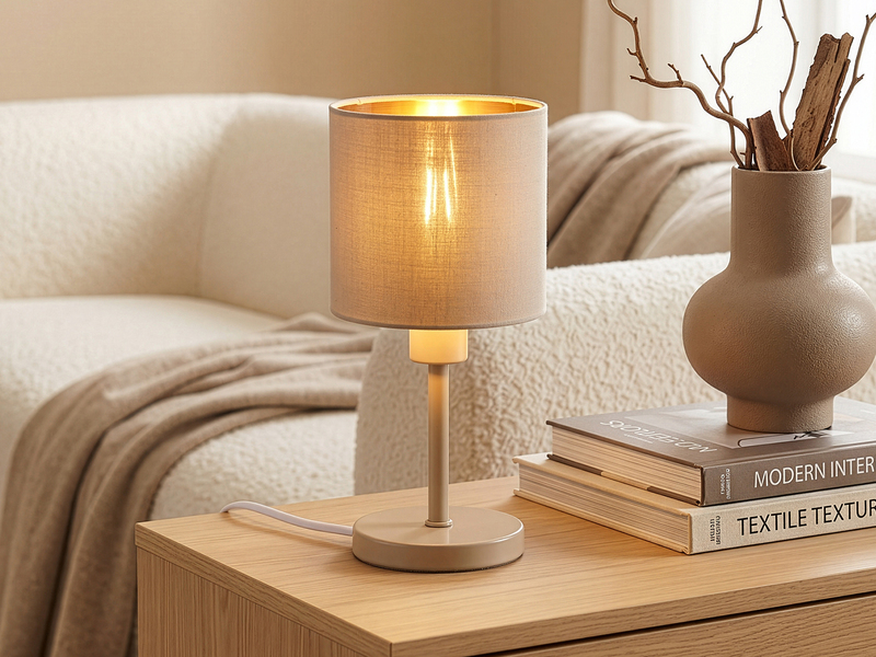 Tischlampe TOMMY Beige mit E14 Stoffschirm Beige Gold, Höhe 25,5cm