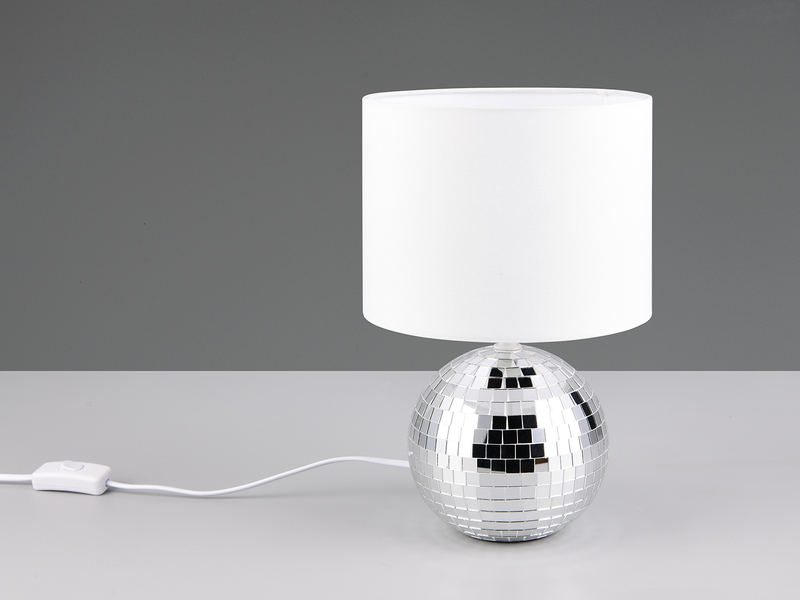 Coole Tischleuchte GLITZA Chrom mit weißem E14 Stoffschirm, Höhe 31cm