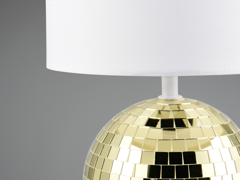 Coole Tischleuchte GLITZA Gold mit weißem E14 Stoffschirm, Höhe 31cm
