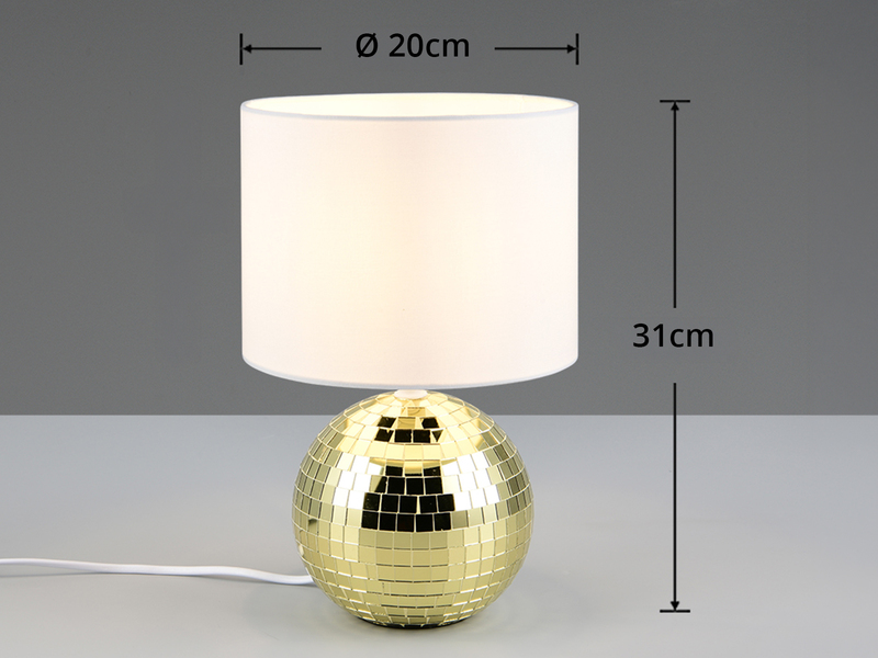 Coole Tischleuchte GLITZA Gold mit weißem E14 Stoffschirm, Höhe 31cm
