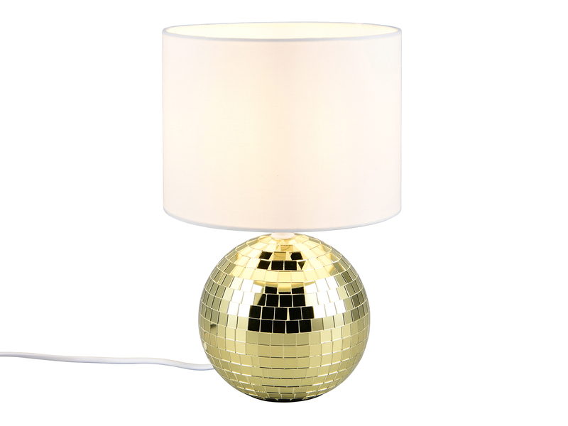 Coole Tischleuchte GLITZA Gold mit weißem E14 Stoffschirm, Höhe 31cm