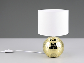 Coole Tischleuchte GLITZA Gold mit weißem E14 Stoffschirm, Höhe 31cm