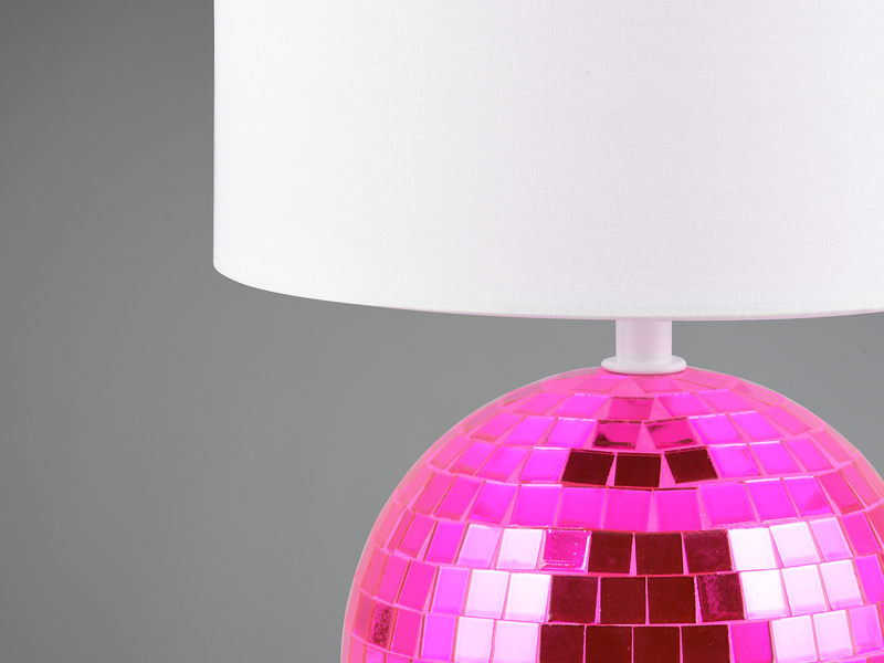 Coole Tischleuchte GLITZA Pink mit weißem E14 Stoffschirm, Höhe 31cm