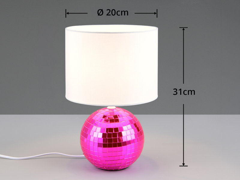 Coole Tischleuchte GLITZA Pink mit weißem E14 Stoffschirm, Höhe 31cm