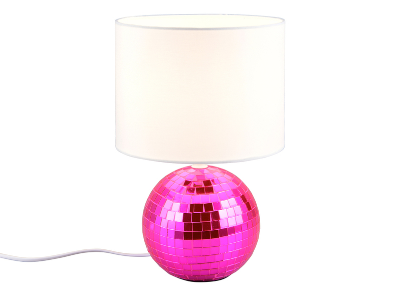 Coole Tischleuchte GLITZA Pink mit weißem E14 Stoffschirm, Höhe 31cm