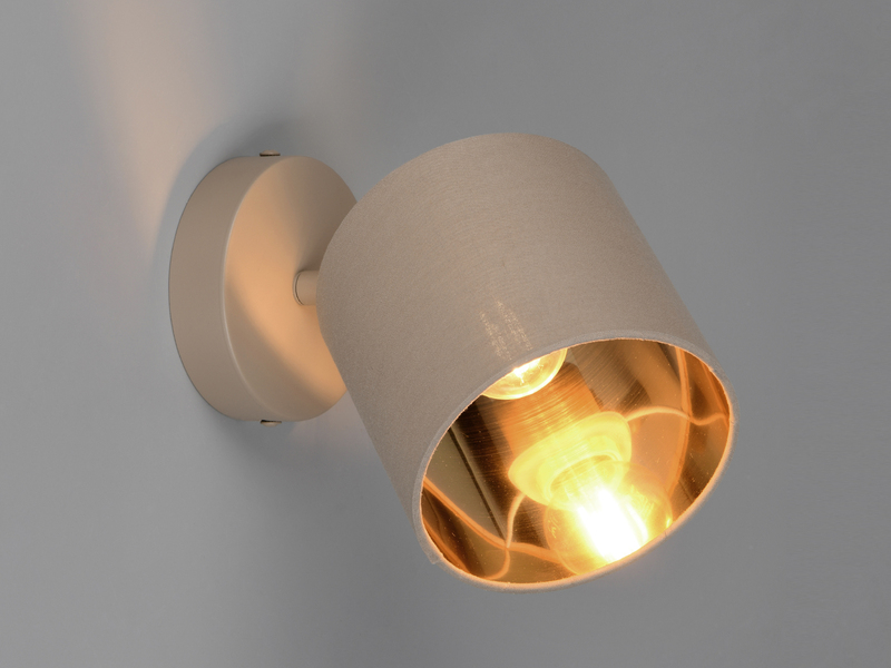 Wandstrahler TOMMY mit E14 Stoffschirm Beige Gold, Breite 12cm