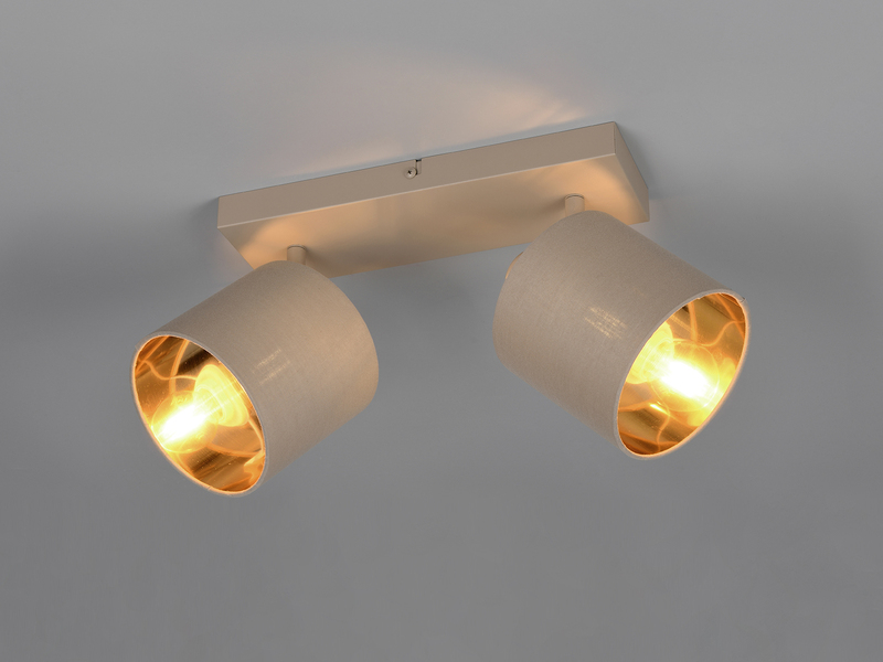 Deckenstrahler TOMMY 2-flammig E14 Stoffschirme Beige Gold, Breite 28cm