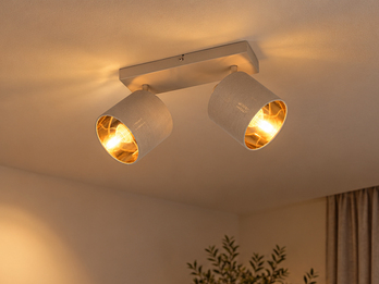 Deckenstrahler TOMMY 2-flammig E14 Stoffschirme Beige Gold, Breite 28cm