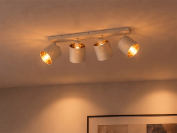 Deckenstrahler TOMMY 4-flammig E14 Stoffschirme Beige Gold, Breite 70cm