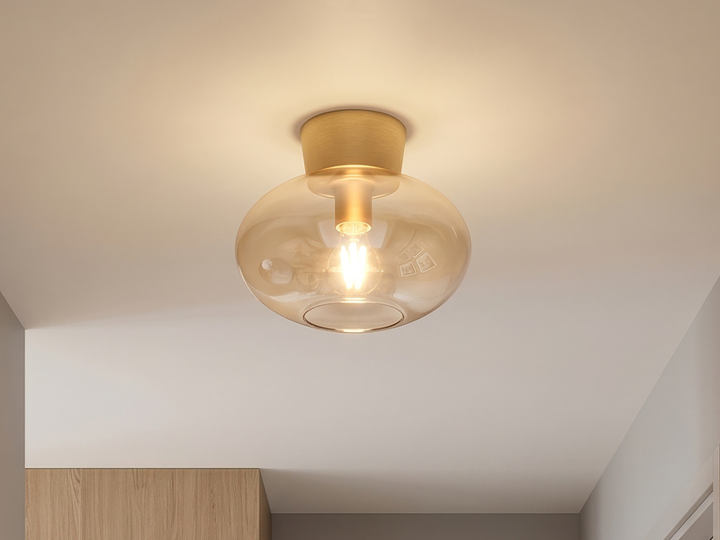 Kleine Deckenleuchte SIDERA Gold mit Glaskugel Bernsteinfarben Ø 26cm