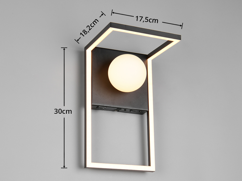 LED Wandleuchte AROLA Schwarz mit Schalter & Glaskugel, Höhe 30cm