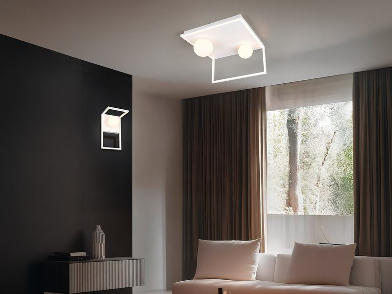 Moderne LED Deckenleuchte AROLA Weiß, dimmbar mit 2 Glaskugeln, Breite 37,5cm