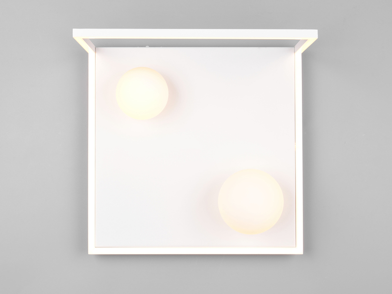 Moderne LED Deckenleuchte AROLA Weiß, dimmbar mit 2 Glaskugeln, Breite 37,5cm