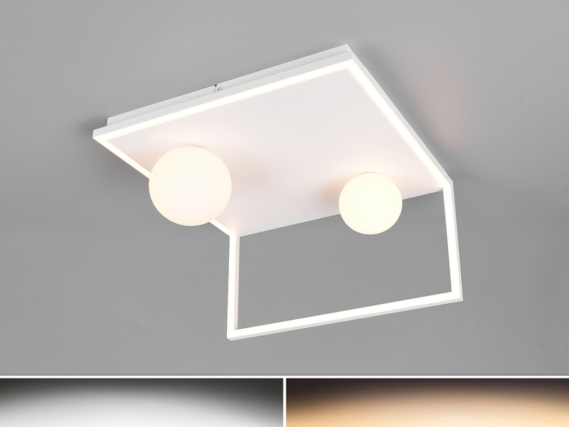 Moderne LED Deckenleuchte AROLA Weiß, dimmbar mit 2 Glaskugeln, Breite 37,5cm