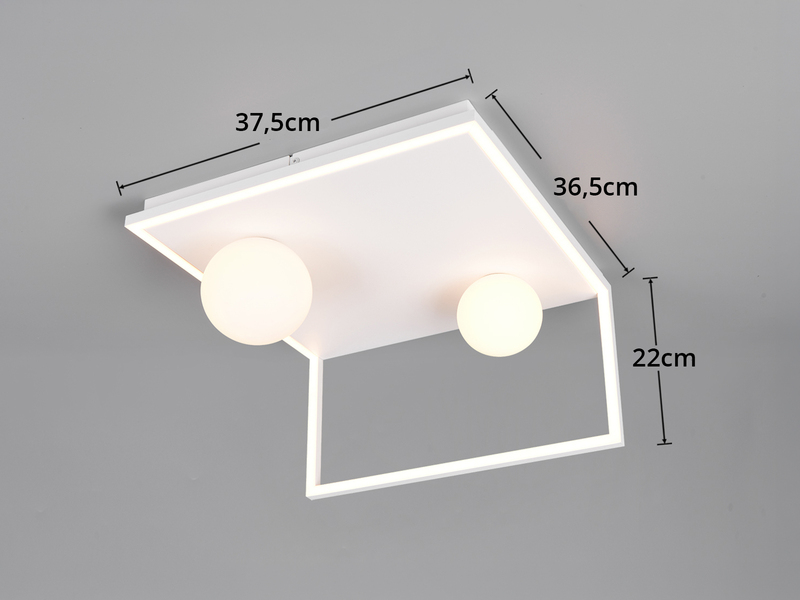 Moderne LED Deckenleuchte AROLA Weiß, dimmbar mit 2 Glaskugeln, Breite 37,5cm
