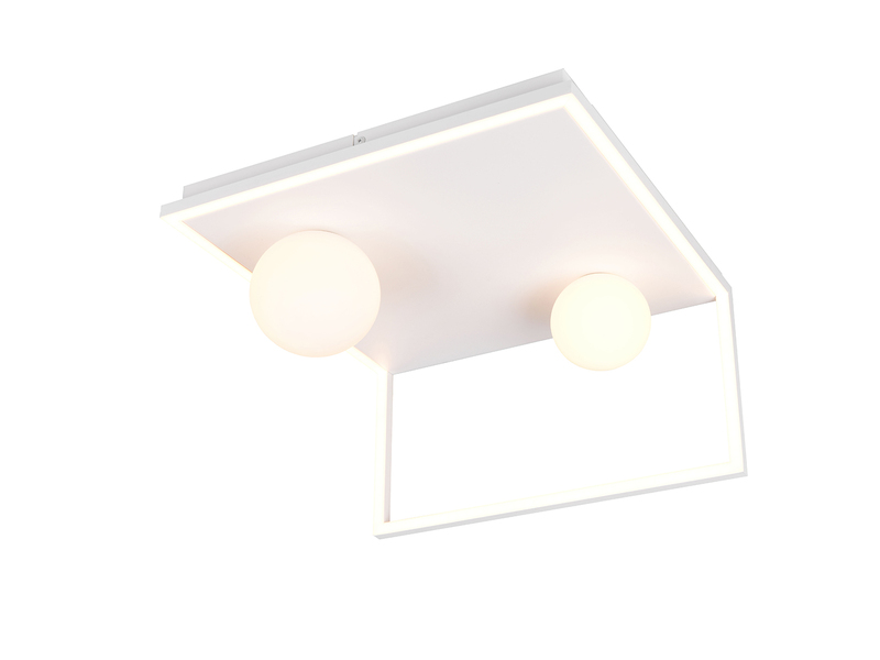Moderne LED Deckenleuchte AROLA Weiß, dimmbar mit 2 Glaskugeln, Breite 37,5cm