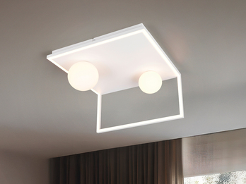 Moderne LED Deckenleuchte AROLA Weiß, dimmbar mit 2 Glaskugeln, Breite 37,5cm