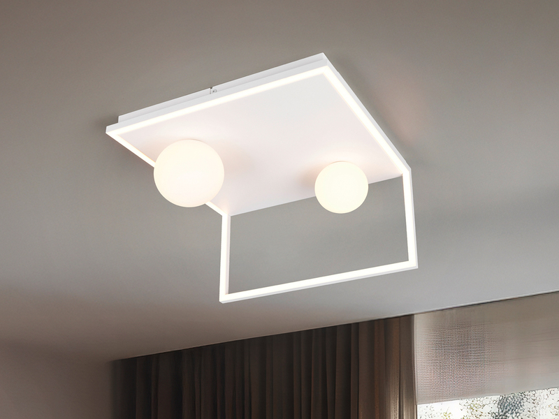 Moderne LED Deckenleuchte AROLA Weiß, dimmbar mit 2 Glaskugeln, Breite 37,5cm