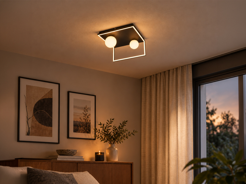 LED Deckenleuchte AROLA Schwarz, dimmbar mit 2 Glaskugeln, Breite 37,5cm