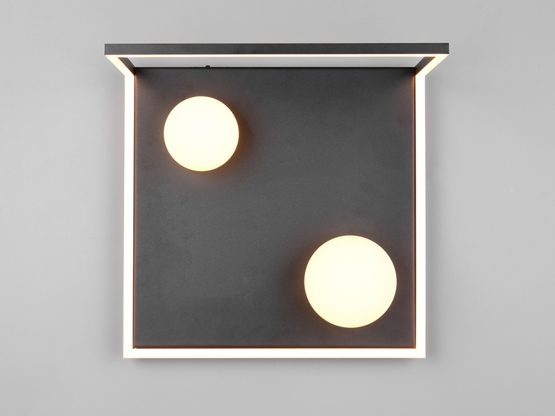 LED Deckenleuchte AROLA Schwarz, dimmbar mit 2 Glaskugeln, Breite 37,5cm